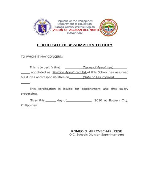 Certificate Of Assumption To Duty