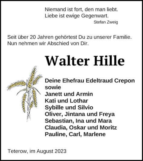 Traueranzeigen Von Walter Hille Trauer Nordkurier