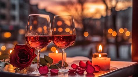 Premium Ai Image Romantic Evening Glass Of Wine And Roses On Table In Cafe Street On Sunset