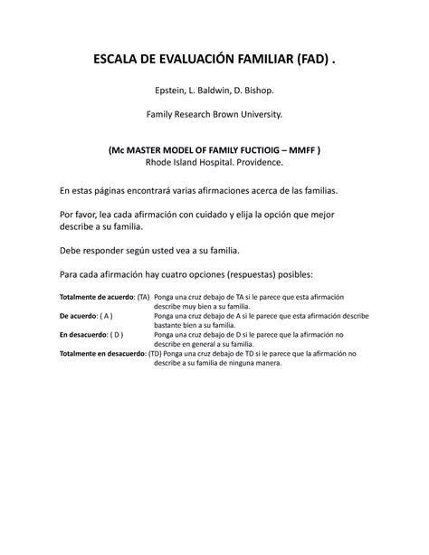 Escala De Evaluaci N Familiar Fad Escala De Evaluaci N Familiar Fad