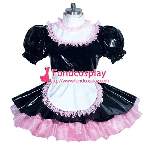 French Sissy Maid Pvc Lockable Dress Uniform Cosplay Costume Tailor