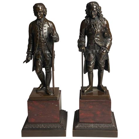 Pair Of Bronze Grand Tour Figures Of Voltaire And Rousseau Circa 1850