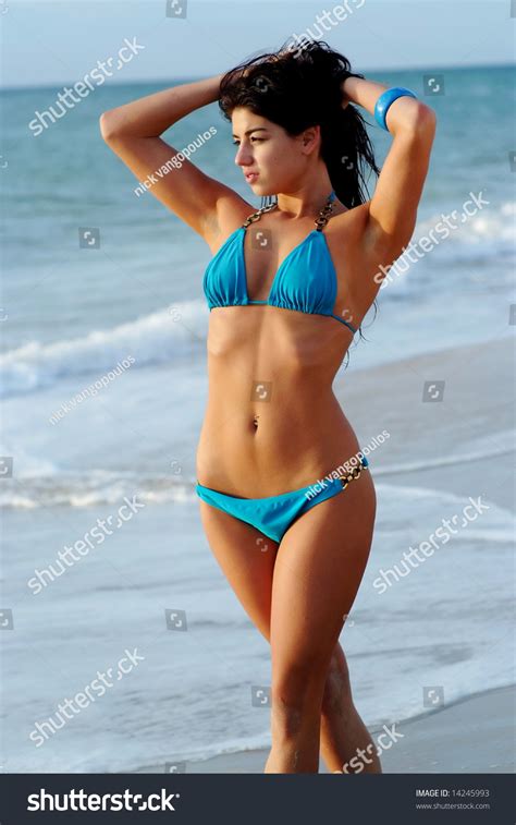 Beautiful Brunette Girl Posing Blue Bikini Stock Photo