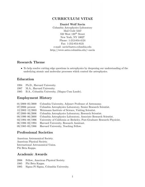 Curriculum Vitae Columbia University Department Of Astronomy