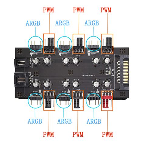 12V 4Pin PWM 5V 3Pin ARGB With SATA 15Pin Power 2 In 1 Hub 6 Way Sync