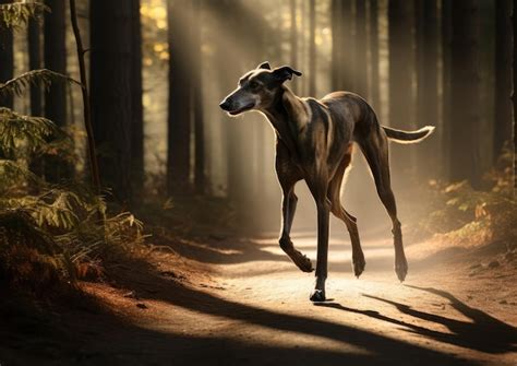 Um Greyhound Explorando Uma Trilha Na Floresta Seus Movimentos