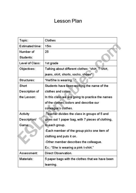 Lesson Plan - Clothes - ESL worksheet by marta24