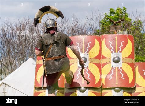 A Roman Centurion Inspects The Shield Wall Of His Legionaries Stock