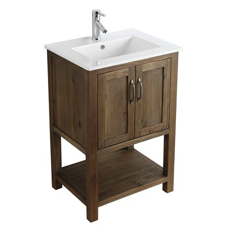 Rustic 24 Single Sink Bathroom Vanity With Porcelain Integrated Counterop In Walnut Finish