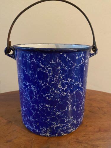 Cobalt Blue White Graniteware Enamelware 6 5 Inch Pail Bucket Handle