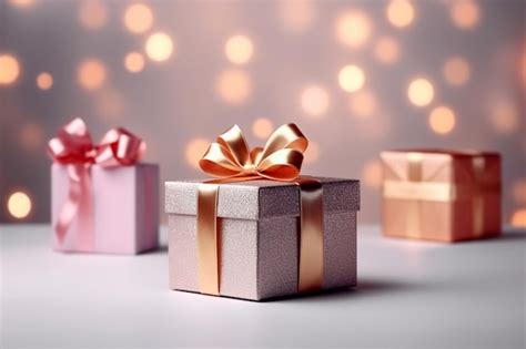 Premium Ai Image Three Gift Boxes With A Gold Ribbon And A Red Bow