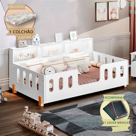 Cama Infantil Montessoriana Colch O Juvenil Led E Nicho Nina Branca