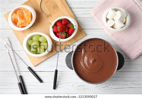 Flat Lay Composition Chocolate Fondue Pot Stock Photo 1213090027