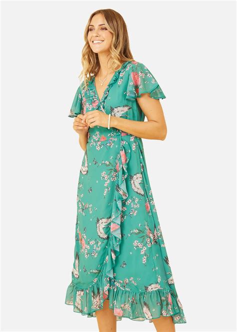 Yumi Green Satin Crane Print Wrap Dress Matalan