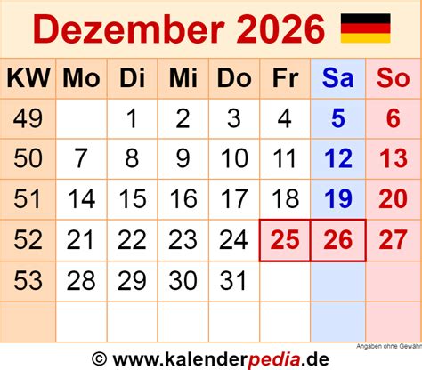 Kalender Dezember 2026 Als Excel Vorlagen