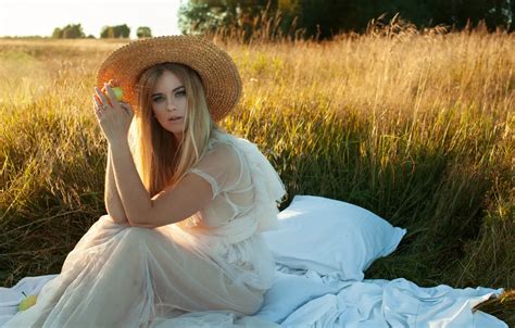 Wallpaper Grass Look Girl Pose Hat Hands Meadow Blonde For