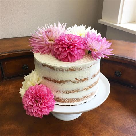 A Semi Naked Cutting Cake I Made For My Sister S Wedding Decorated With Fresh Dahlias R Baking