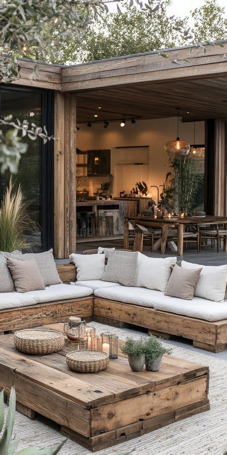 Cozy Outdoor Lounge With Wooden Furniture And Plants Stock Illustration