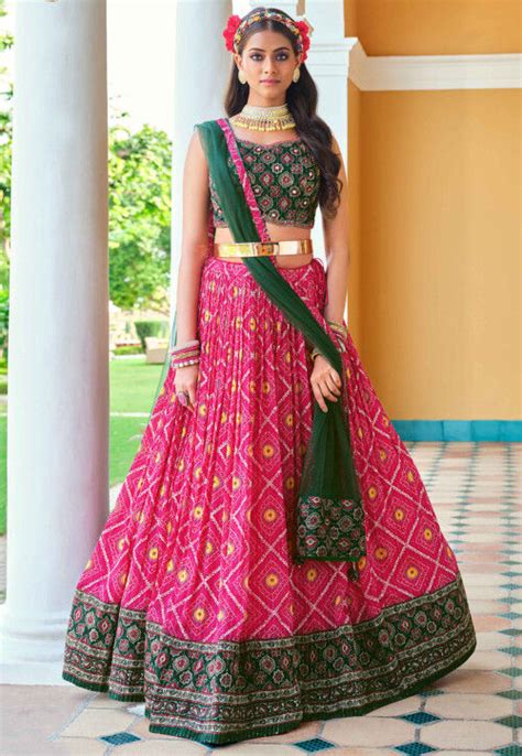 Buy Bandhej Printed Chinon Chiffon Lehenga In Fuchsia Online Lcc