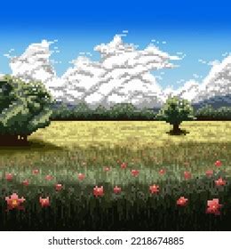 Beautifull Grassland Landscape Pixel Art Style Stock Illustration