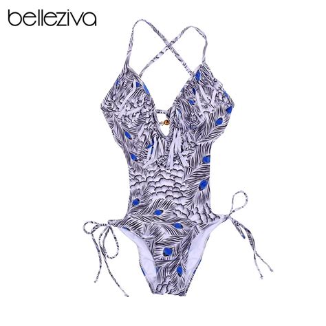 Belleziva Women Sexy One Piece Swimsuit Sling Feather Tassel Print