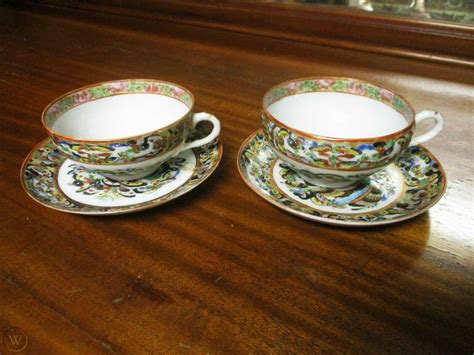 2 Antique Chinese Butterflies Famille Export Tea Cups And Saucers