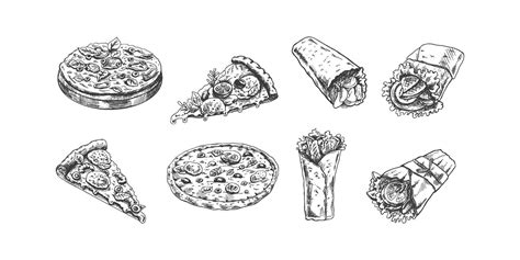 Hand Drawn Sketch Of Pizza And Burritos Set Different Types Of Pizza