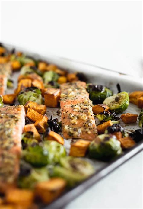 Sheet Pan Maple Dijon Salmon With Brussels Sprouts And Sweet Potatoes