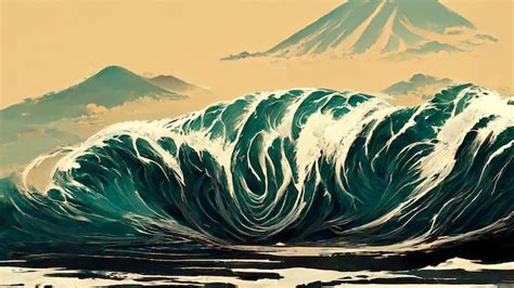 Poderosas Ondas De Tsunami Pintando Em Estilo Japon S Foto Premium