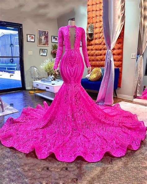 Fuchsia Mermaid Long Prom Dresses 2023 African Black Girl Full Sleeves