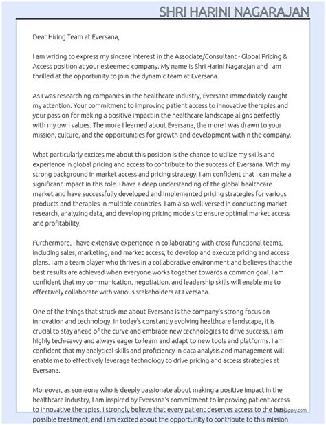 Cover Letter For Associate Consultant Global Pricing And Access
