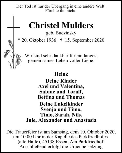 Traueranzeigen Von Christel Mulders Trauer In NRW De