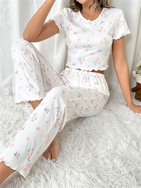 Floral Print Lettuce Trim Pj Set Night Wear Pajamas Pajamas