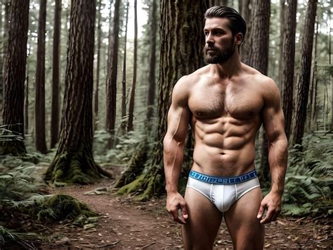 Hombre Musculoso Sin Camisa De Pie Con Ropa Interior Y Barba En La