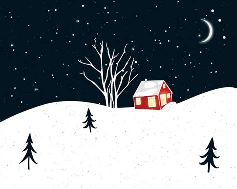 Tiny Red House Night Scenery Snow Trees Silhouettes Christmas Card Stock Vector Image By