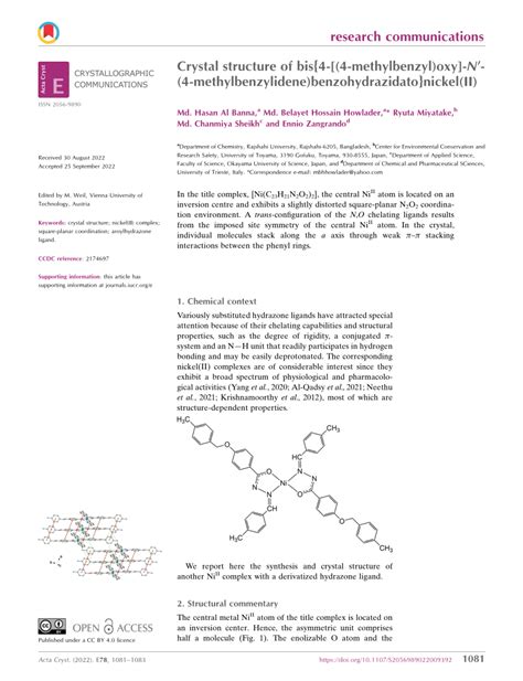 Pdf Crystal Structure Of Bis{4 [ 4 Methylbenzyl Oxy] N ′ 4 Methylbenzylidene