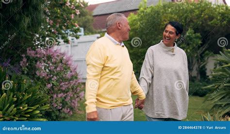 Love Funny And Holding Hands With Old Couple In Garden For Retirement