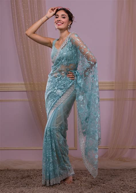 Buy Sky Blue Stonework Net Saree Koskii