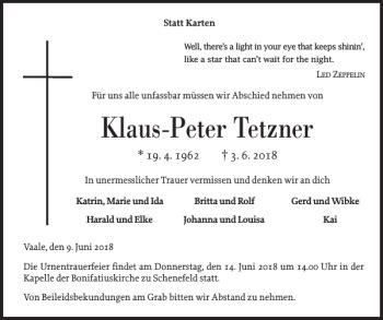 Traueranzeigen Von Klaus Peter Tetzner Sh Z Trauer