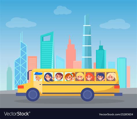 School bus full of children drives through city Vector Image