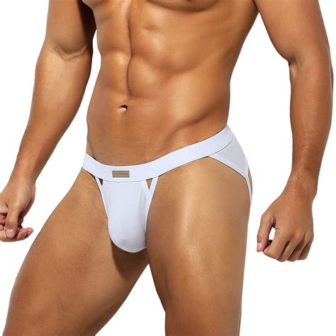 Mizok Mens Jockstrap Sexy Briefs Breathable Underwear White M