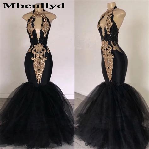 Mbcully Long Prom Dresses 2019 New Elegant Gold Sequin African Black