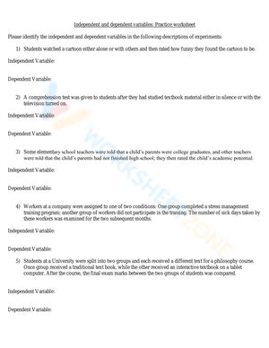 Free Independent And Dependent Variables Worksheets