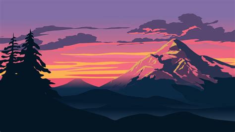 Vector Sunset Landscape Illustration With Mountains And Pine Trees