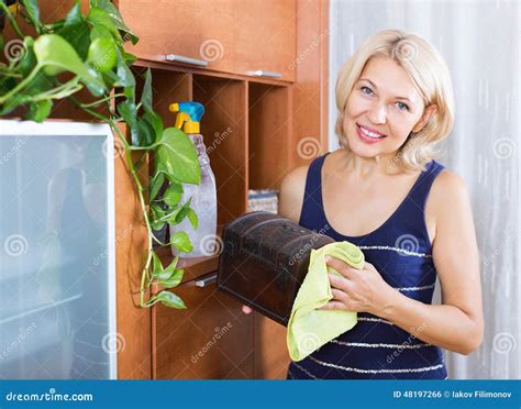 Mature Houswife Dusting Wooden Furniture Stock Photo Image Of Furnished House 48197266