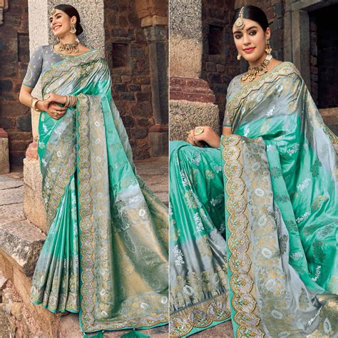 Sea Green Woven Banarasi Silk Saree With Tassels