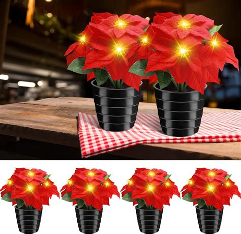 Amazon Hotop 6 Pcs Lighted Artificial Poinsettia Flowers Silk