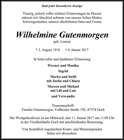 Traueranzeigen Von Wilhelmine Gutenmorgen Trauer In Nrw De