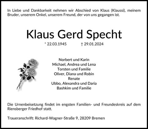 Traueranzeigen Von Klaus Gerd Specht Trauer Gedenken