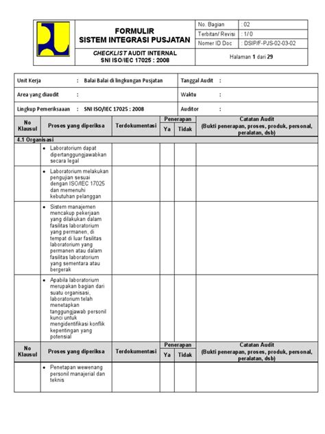 Dsip F Pjs 02 03 02 Checklist Audit Internal 17025 Rev 0 20062014 Ok